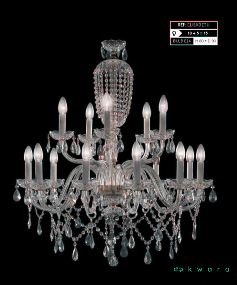 Lustre Elizabeth em Cristal Bohemia montado na europa com 15 lâmpadas, medindo 0.90 cm de altura por 0.90 cm de diâmetro disponível no cristal transparente. - foto 1