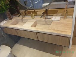 Pedra com 2 cubas esculpidas, gabinete com portas falsas e banco em pedra (não inclui decoração e torneiras) - foto 1