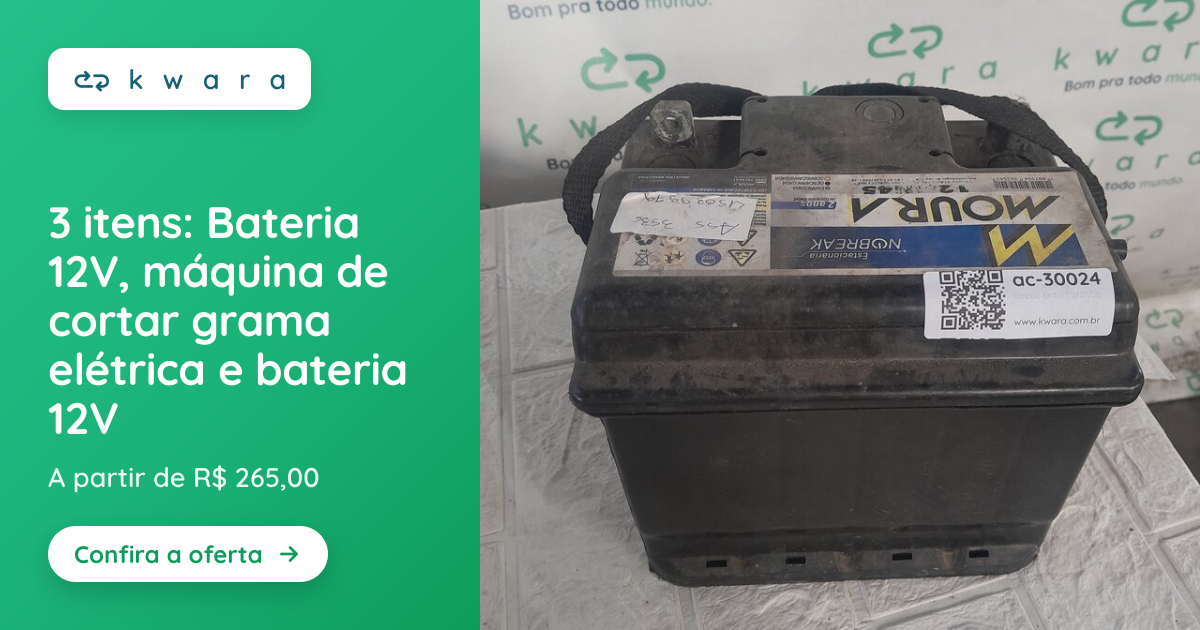 3 itens: Bateria 12V, máquina de cortar grama elétrica e bateria 12V ...
