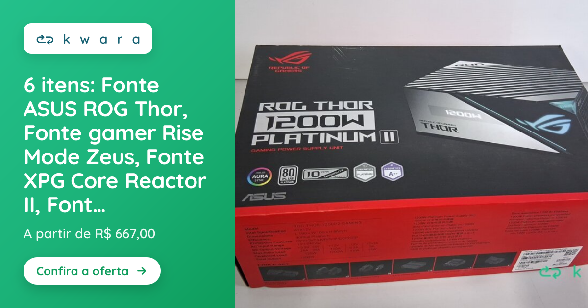 6 itens: Fonte ASUS ROG Thor, Fonte gamer Rise Mode Zeus, Fonte XPG ...