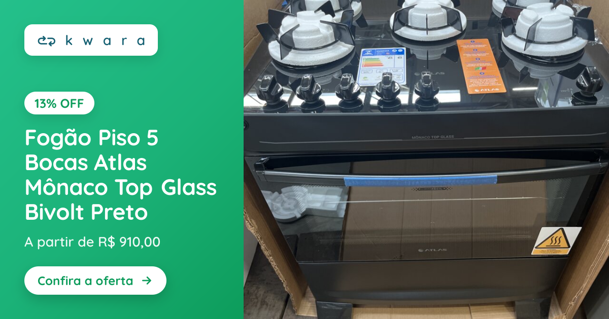 Fogão Piso 5 Bocas Atlas Mônaco Top Glass Bivolt Preto | Lote 007 | Kwara